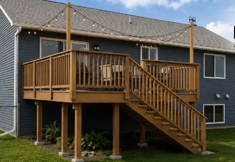 Elevated wooden deck with railing and outdoor seating area